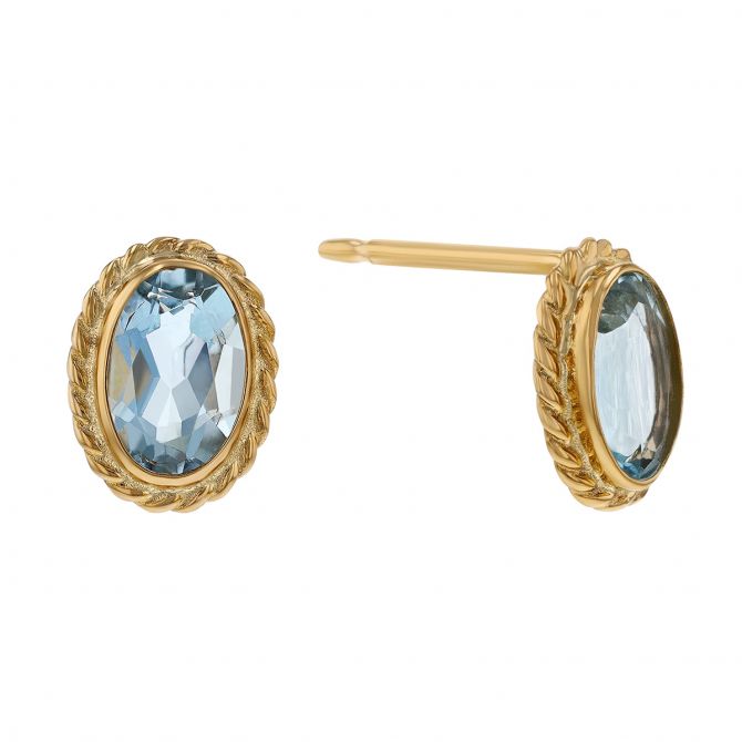 Oval Aquamarine Stud Earrings in Yellow Gold with Rope Edge Bezel