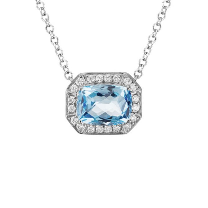 Cushion Aquamarine & Diamond Halo Octagon Necklace in White Gold, 18"