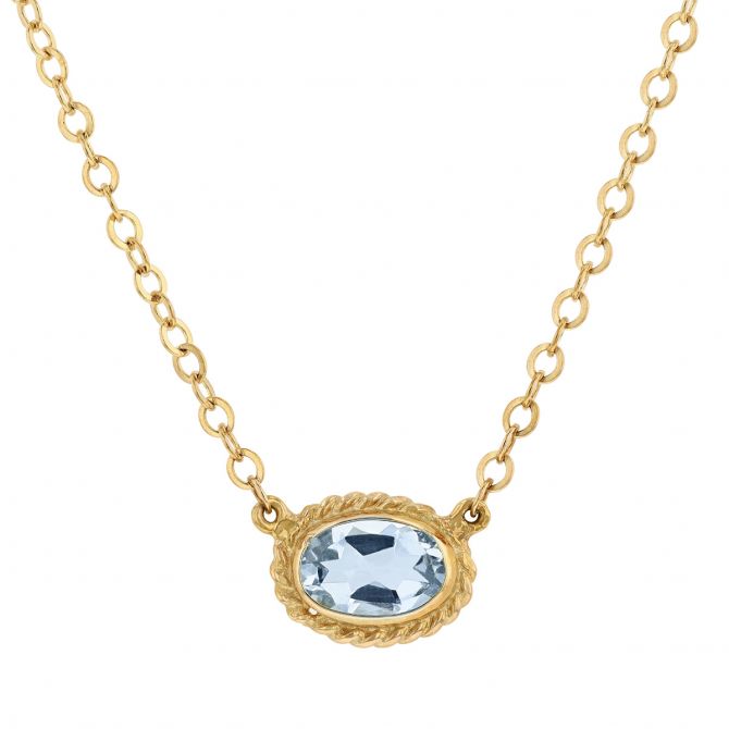 Oval Aquamarine Rope Bezel Necklace in Yellow Gold, 19"