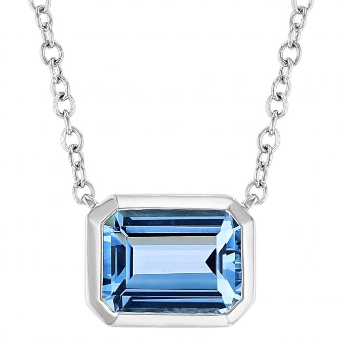 Emerald Cut Aquamarine Bezel Set necklace in White Gold, 18"