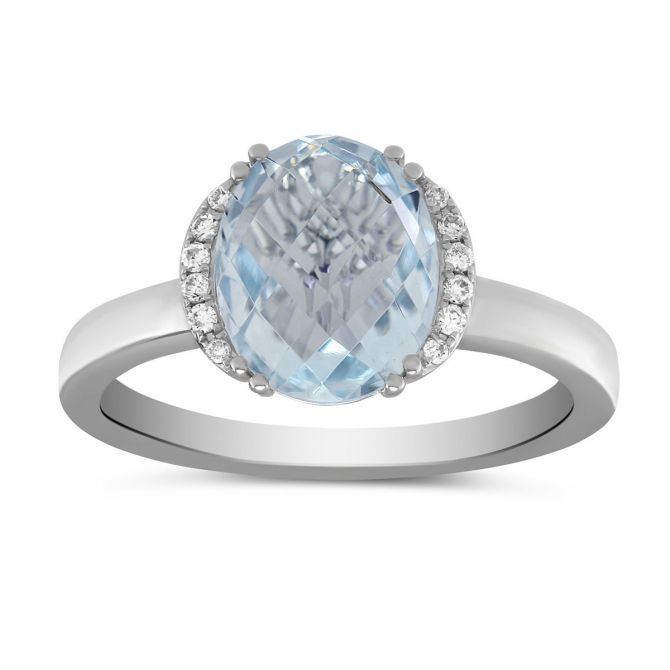 Oval Aquamarine & Diamond Crescent Ring in White Gold