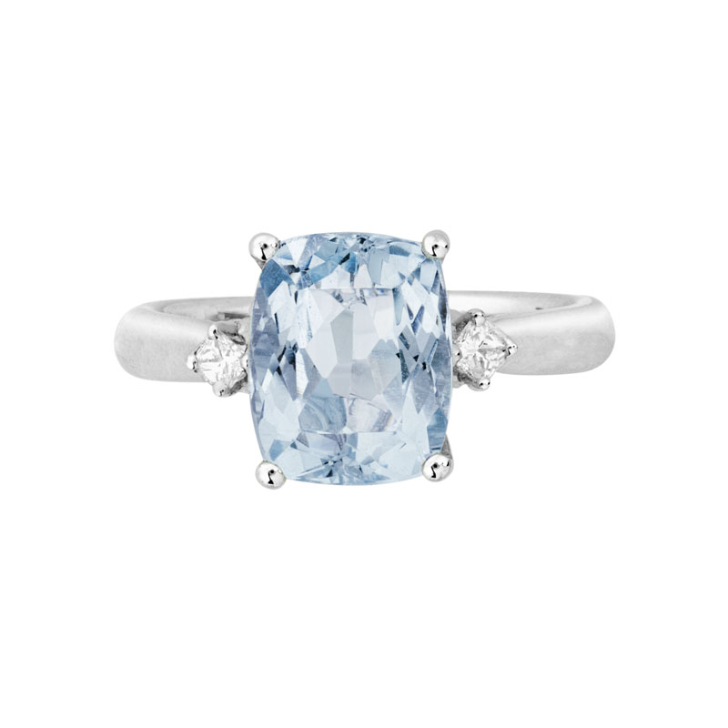 Cushion Aquamarine & Diamond 3 Stone Ring in White Gold | Borsheims