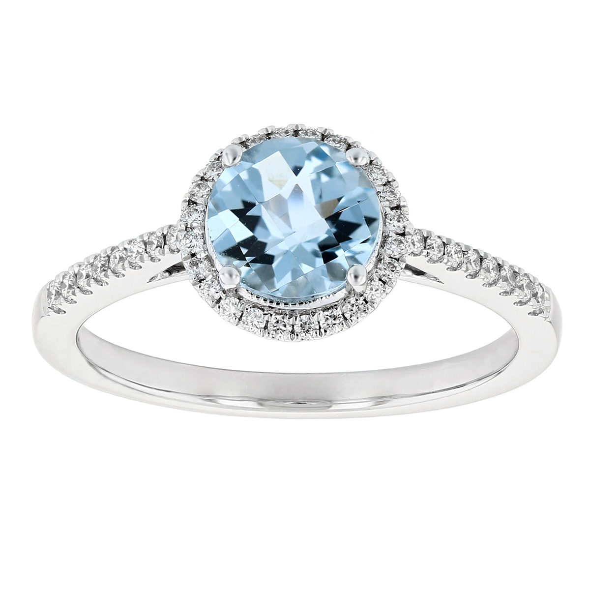 Checkerboard Round Aquamarine & Diamond Halo Ring in White Gold | Borsheims