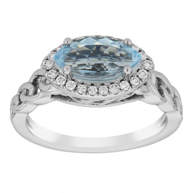 Horizontal Marquise Aquamarine & Diamond Halo Ring with Braided Shank in White Gold