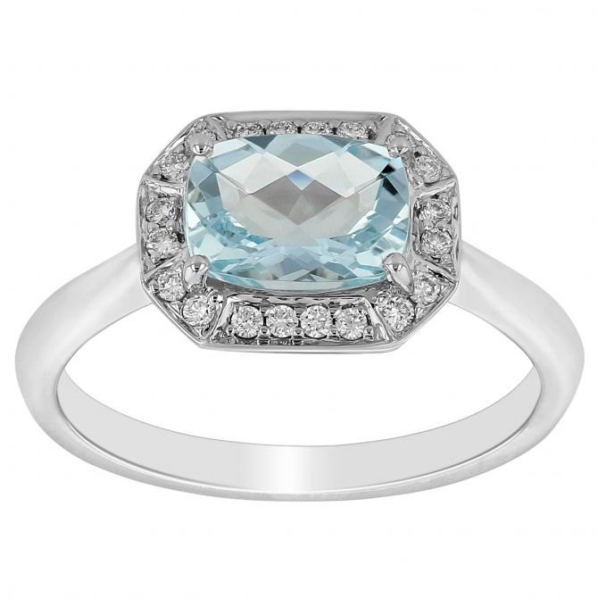 Cushion Aquamarine Ring with Diamond Octagonal Halo in White Gold