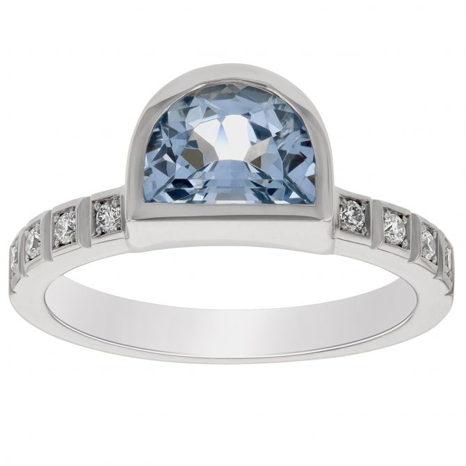 Half Moon Aquamarine & Diamond Bezel Set Ring in White Gold