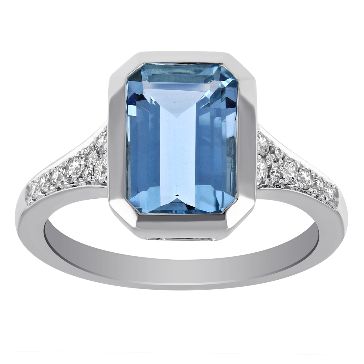 Emerald Cut Aquamarine Ring with Tapered Diamond Shank in White Gold