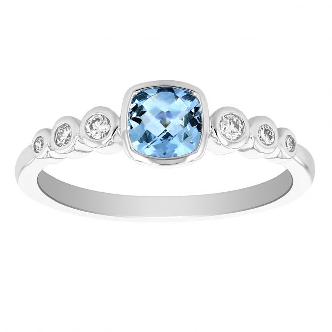 Cushion Aquamarine and Graduated Round Diamond Bezel Set Ring in White Gold