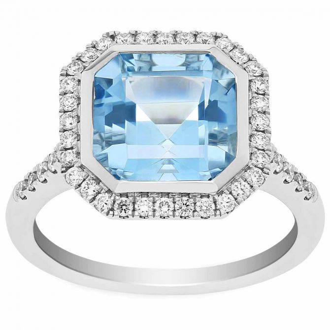 Asscher Cut Aquamarine & Diamond Octagon Halo Ring with Diamond Shank in White Gold