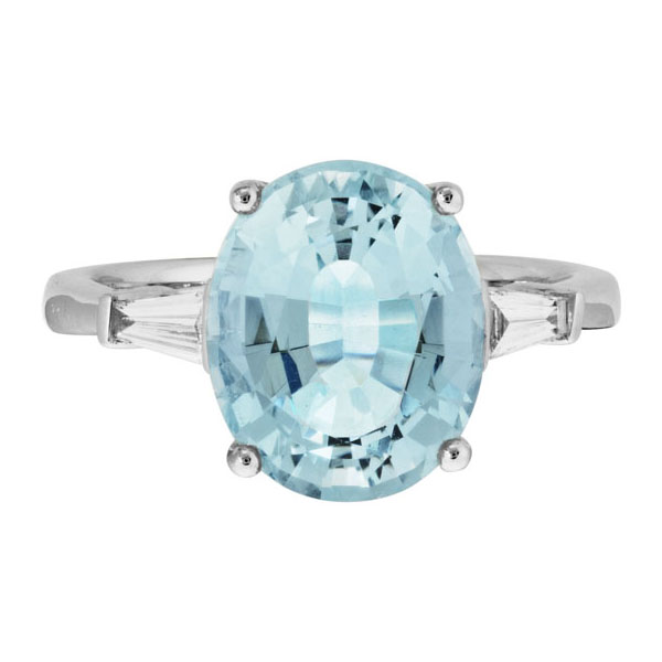 Oval Aquamarine & Diamond Tapered Baguette 3 Stone Ring in White Gold