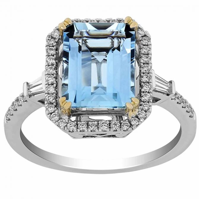 Emerald Cut Aquamarine & Tapered Baguette Diamond Halo Ring in White Gold