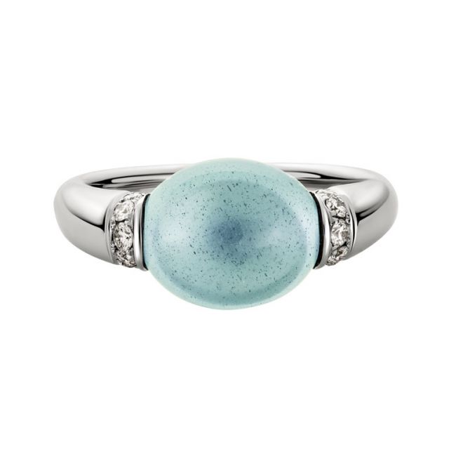 Oval Aquamarine Cabochon Ring in White Gold with Diamond Rondelles