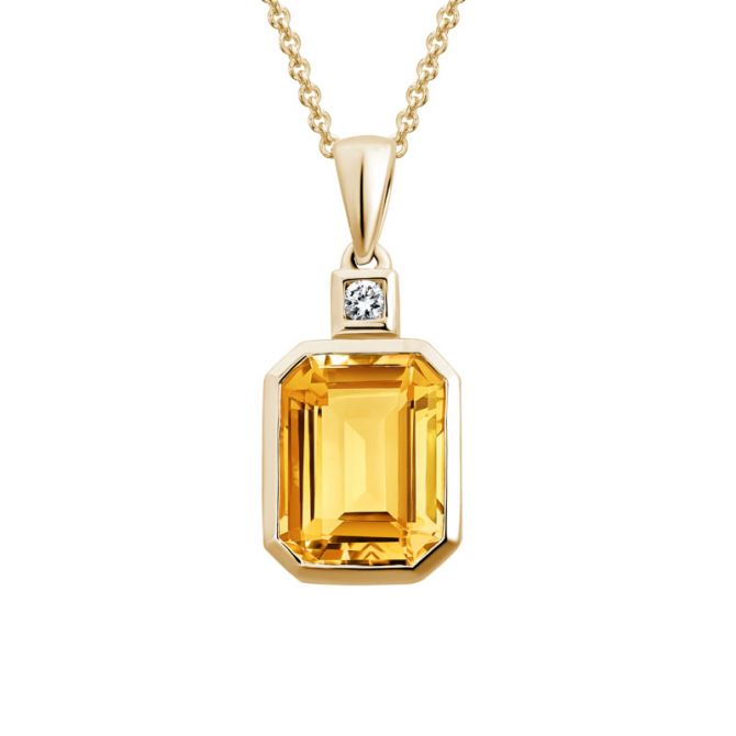 Emerald Cut Citrine Pendant with Diamond Accent in Yellow Gold, 18