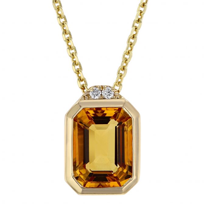 Emerald Cut Citrine Bezel Set Pendant with 2 Diamond Accent in Yellow Gold, 18"