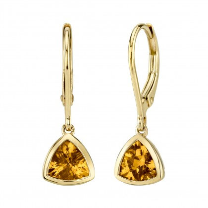 Checkerboard Trillion Citrine Leverback Dangle Earrings in Yellow Gold