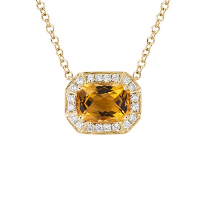 Cushion Citrine Octagon Pendant with Diamond Halo in Yellow Gold, 18"