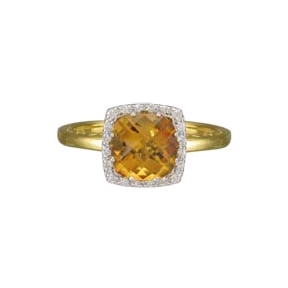 14K Yellow Gold Checkerboard Faceted Citrine & Diamond Ring