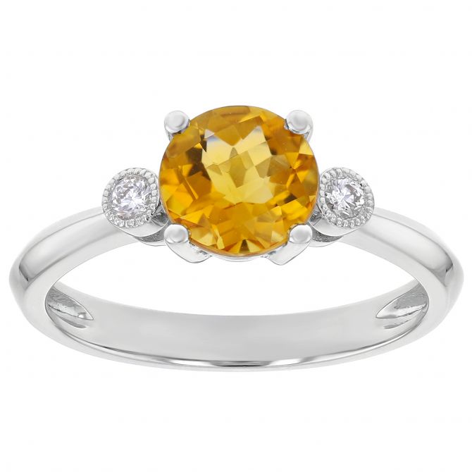 14K White Gold Round Citrine & Diamond 3 Stone Ring