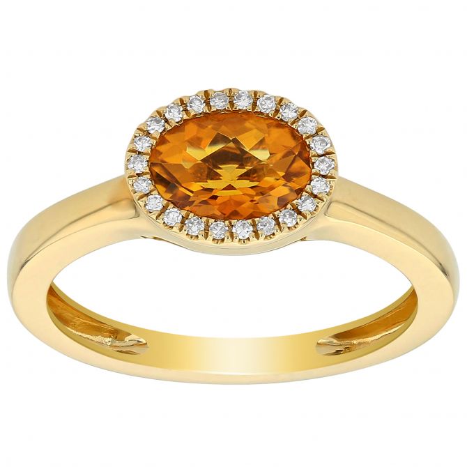 Oval Citrine & Diamond Halo East West Ring in Yellow Gold