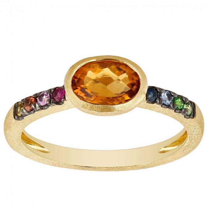 Oval Citrine Ring with Multicolored Sapphire Sides in Matte Yellow Gold