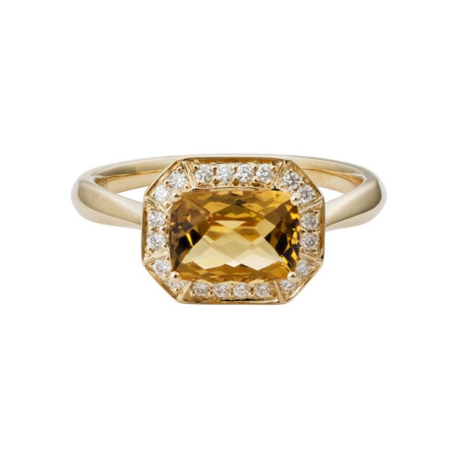 Cushion Citrine & Diamond Halo Octagon Ring in Yellow Gold