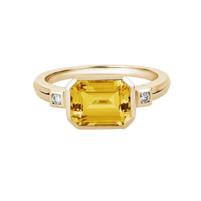 Emerald Cut Citrine & Diamond Side Stone Bezel Set 3 Stone Ring in Yellow Gold