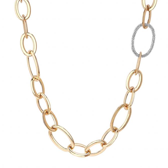 Yellow Gold Multi-Size Long Chain Link Necklace with Diamond Pavé Link, 36"