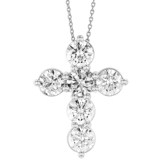 Diamond 6 Stone Cross Necklace in White Gold, 2 cttw