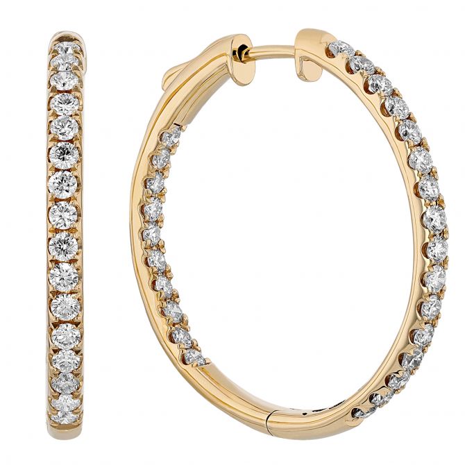 Diamond Inside Out Snap Hoop Earrings in Yellow Gold, 30 mm, 1.50 cttw