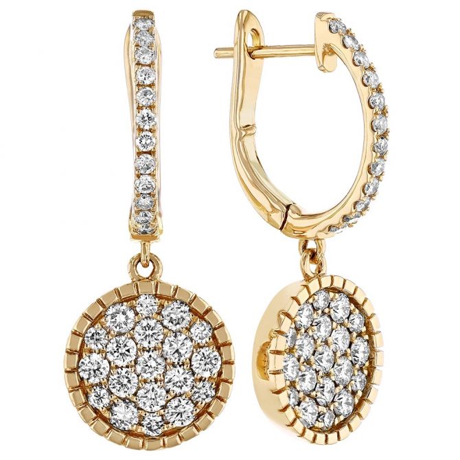 Diamond Pavé Disc Dangle Huggie Earrings in Yellow Gold