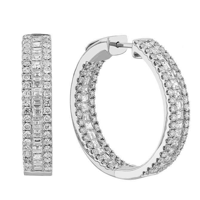 Diamond 3 Row Round & Asscher Cut Inside Out Hoop Earrings in White Gold, 5.11 cttw