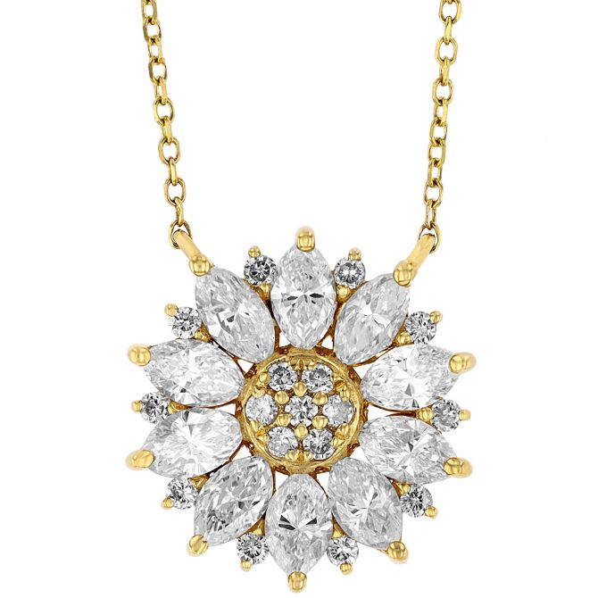 Marquise & Round Diamond Daisy Cluster Necklace in Yellow Gold, 16"