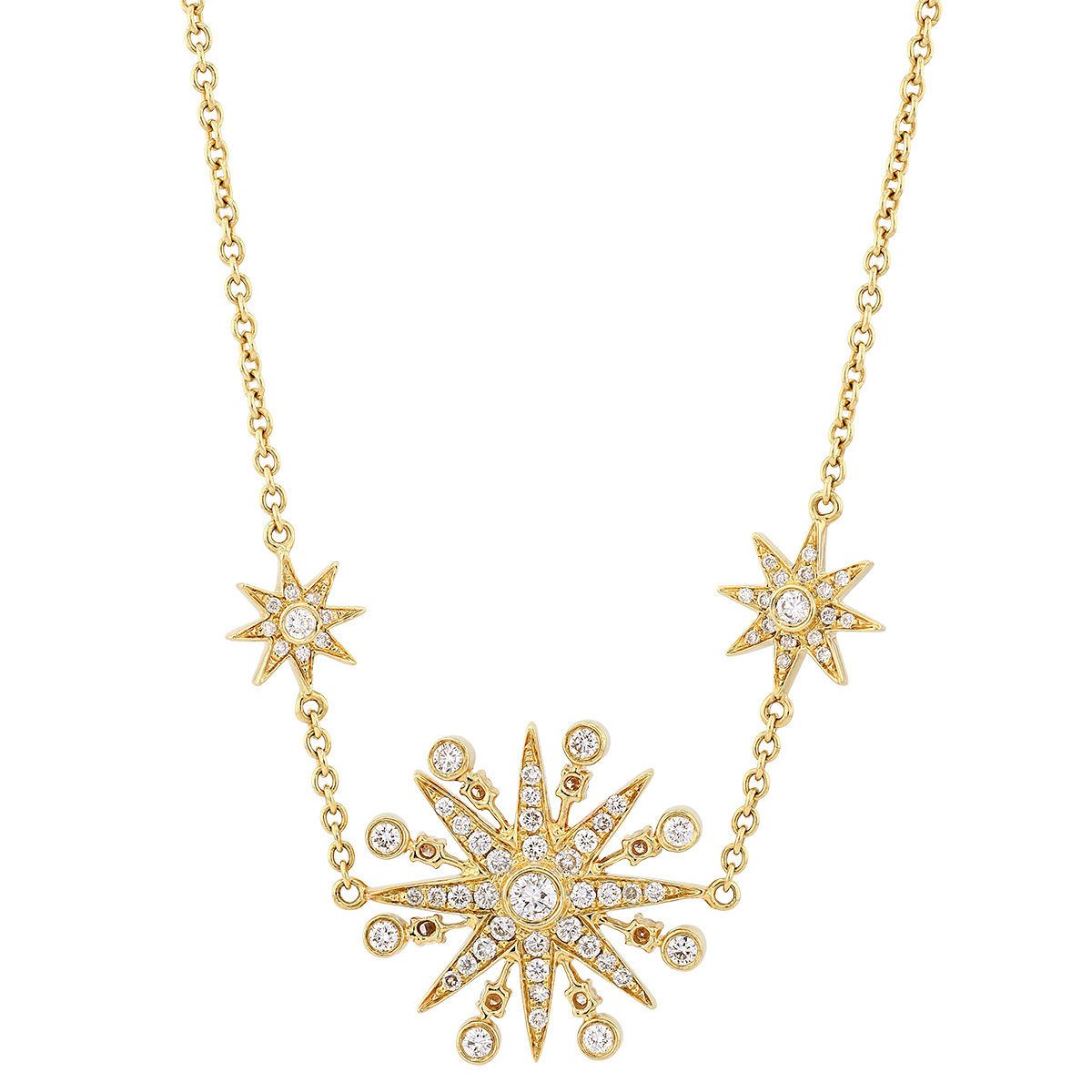 Diamond Starburst 3 Station Necklace in Yellow Gold, 38