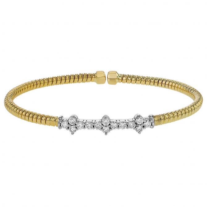 Yellow Gold Cuff Bracelet with Diamond Cluster Accent in White Gold