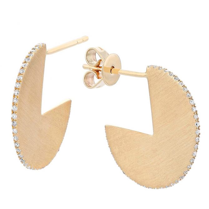 Yellow Gold Satin Disc Cutout Post Back Earrings with Diamond Edges