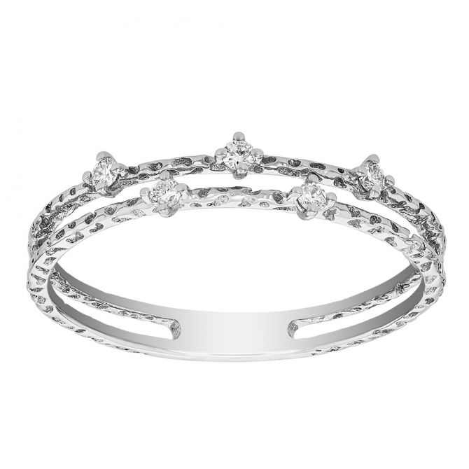 Diamond Prong Set Ring with Textured 2 Row Shank in White Gold