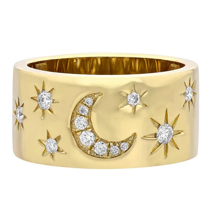 Diamond Moon & Stars Band Ring in Yellow Gold