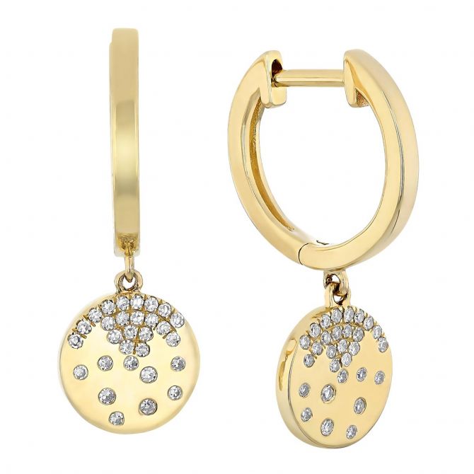 Diamond Flush Set Scatter Disc Dangle Huggie Earrings in Yellow Gold