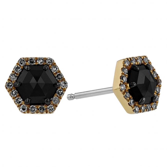 Black Diamond Hexagon Halo Stud Earrings in Yellow Gold