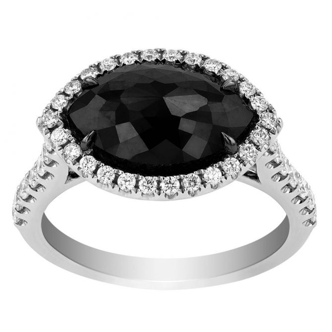 Black Diamond Navette Ring with White Diamond Halo in White Gold