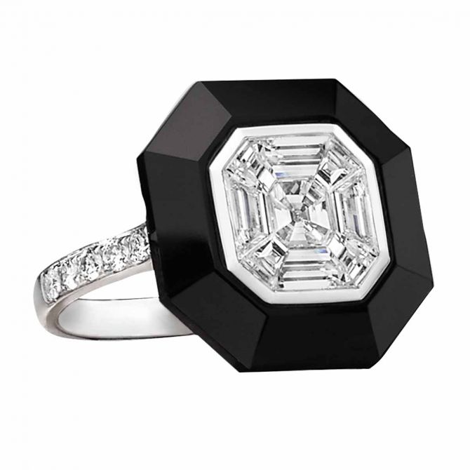 Doves Mondrian Invisible Set Diamond Mosaic & Black Onyx Ring in White Gold