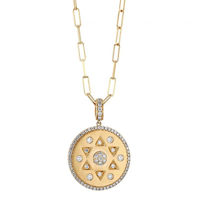 Doves Fibonacci Diamond Patterned Disc Pendant in Yellow Gold, 18"