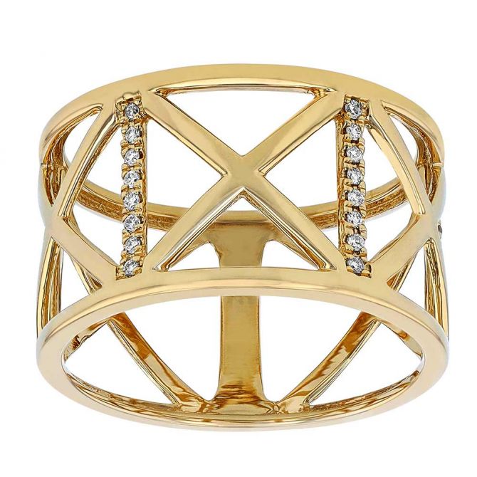 Yellow Gold Geometric Lattice Pattern Band Ring with Diamonds