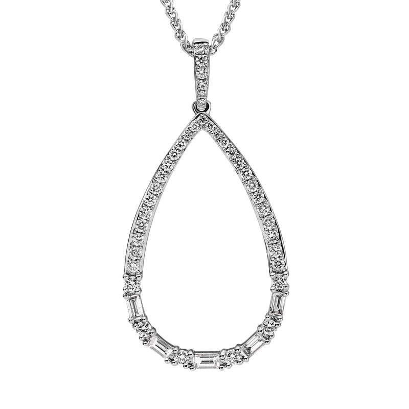 Baguette & Round Diamond Open Teardrop Pendant in White Gold, 18 ...