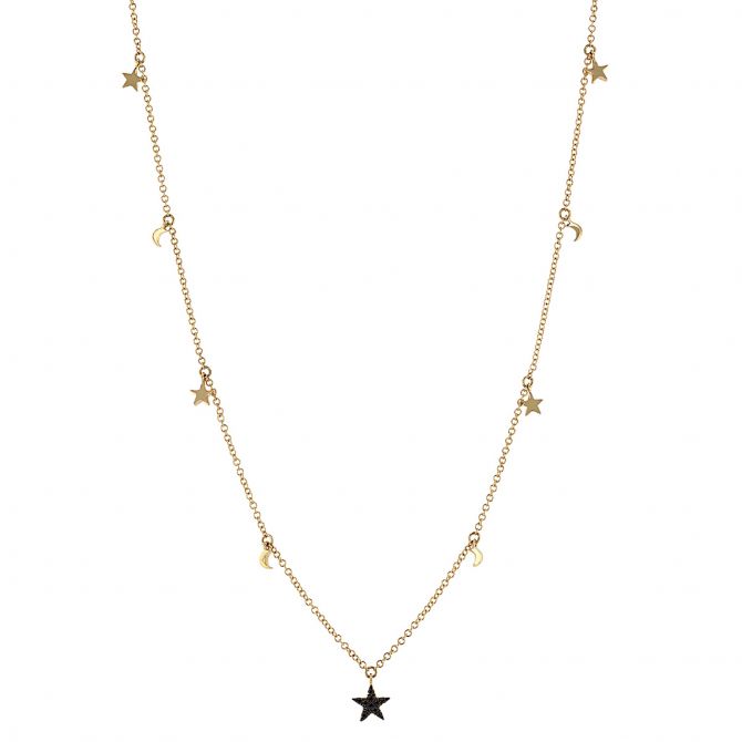 Yellow Gold Stars & Moons Station Necklace with Black Diamond Pavé Star, 18"