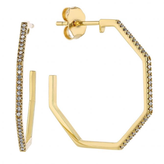 Diamond Octagon Shaped Hoop Earrings in Yellow Gold, 0.15 cttw