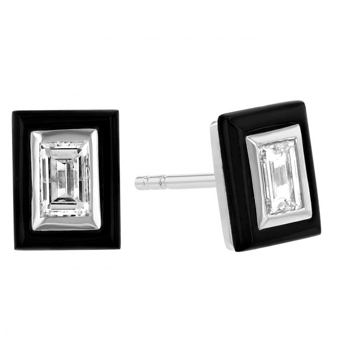 Emerald Cut Diamond & Black Onyx Frame Rectangle Stud Earrings in White Gold