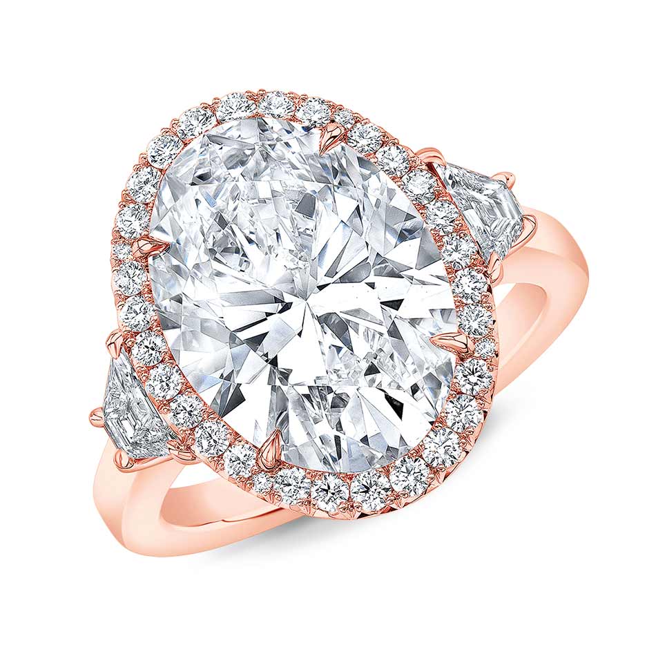 Rahaminov Oval Diamond Ring with Halo & Trapezoid Side Stones in 18K ...