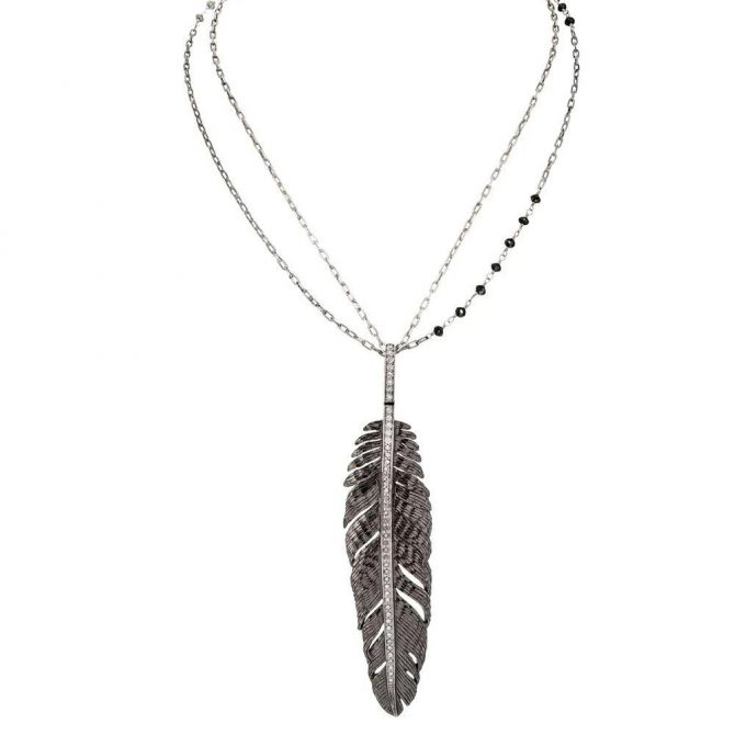 Michael Aram Feather Diamond Necklace in Sterling Silver & Black Rhodium, 30"