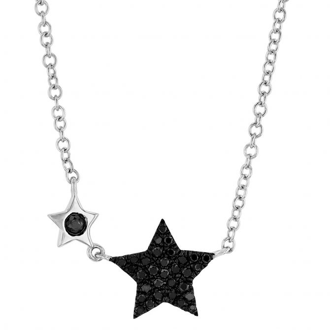 Black Diamond Pavé 2 Star Necklace in White Gold, 18"